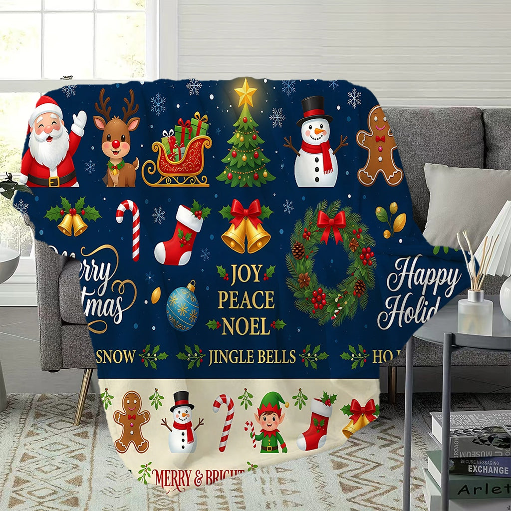 1pc, Santa Claus and Reindeer Pattern Dark Blue Flannel Blanket, Soft, Comfortable, and Warm, Holiday Themed Design, Durable Plush Surface, All-Season Universal Sofa Blanket, Warm Cover Blanket, Multiple Sizes Available, Suitable for Living Room