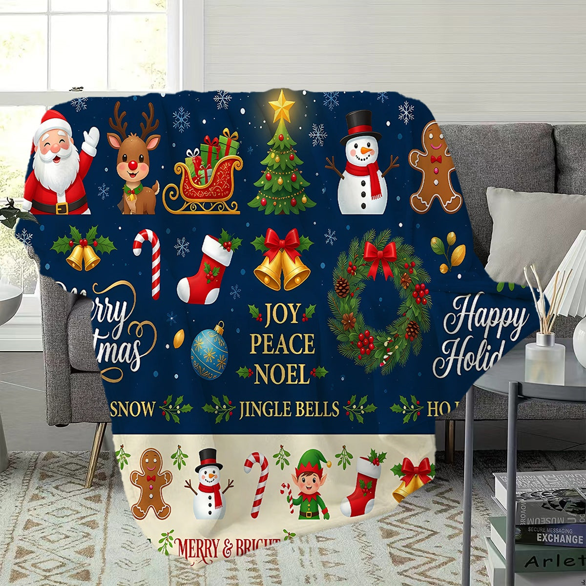 1pc, Santa Claus and Reindeer Pattern Dark Blue Flannel Blanket, Soft, Comfortable, and Warm, Holiday Themed Design, Durable Plush Surface, All-Season Universal Sofa Blanket, Warm Cover Blanket, Multiple Sizes Available, Suitable for Living Room
