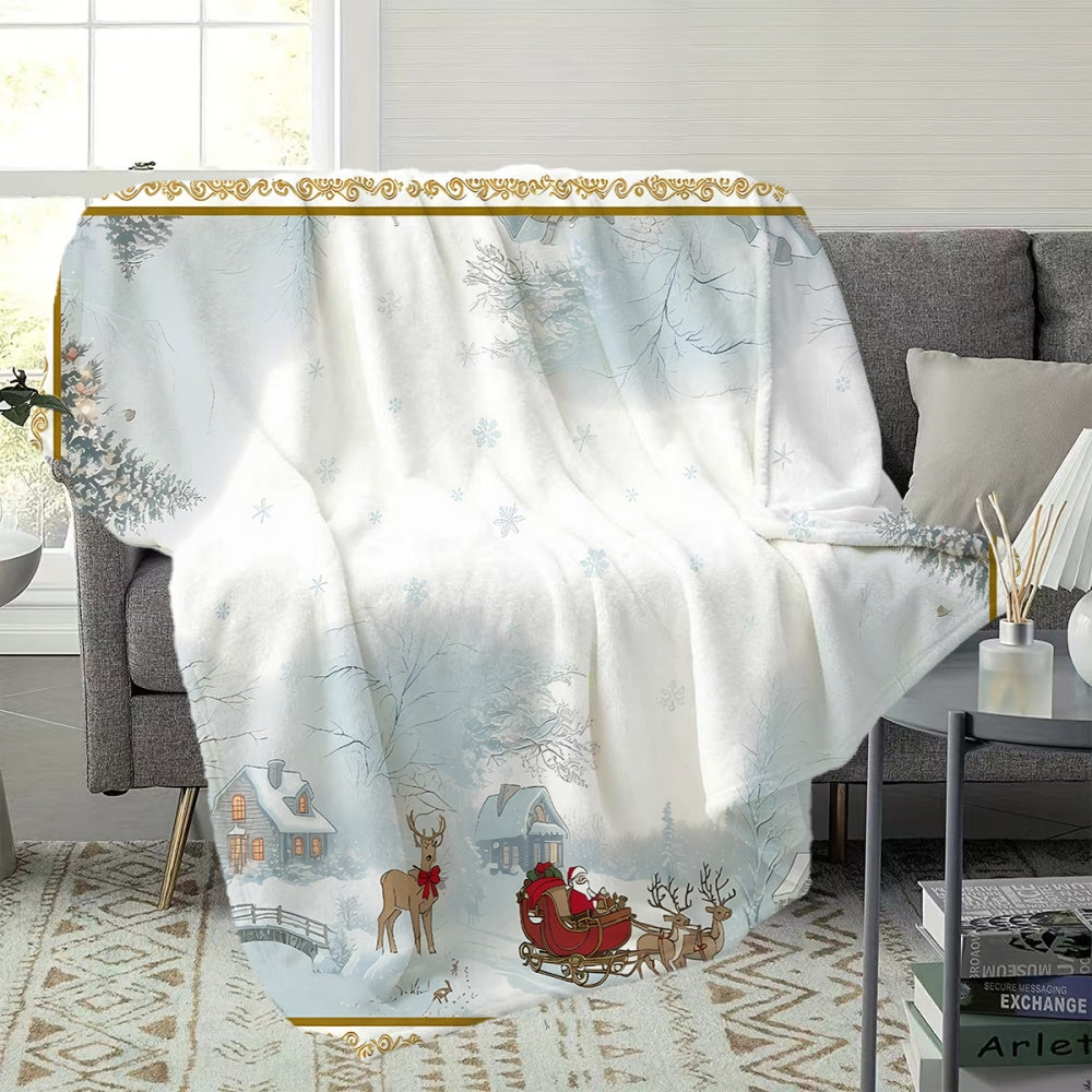 Christmas Snow Scene with Reindeer and Santa Claus Pulling a Sleigh Pattern, Flannel Blanket with a White and Light Blue Gradient Design, Soft, Comfortable, and Warm, a Four-season Universal Sofa Throw, a Cozy Lap Blanket, Suitable for Living Room