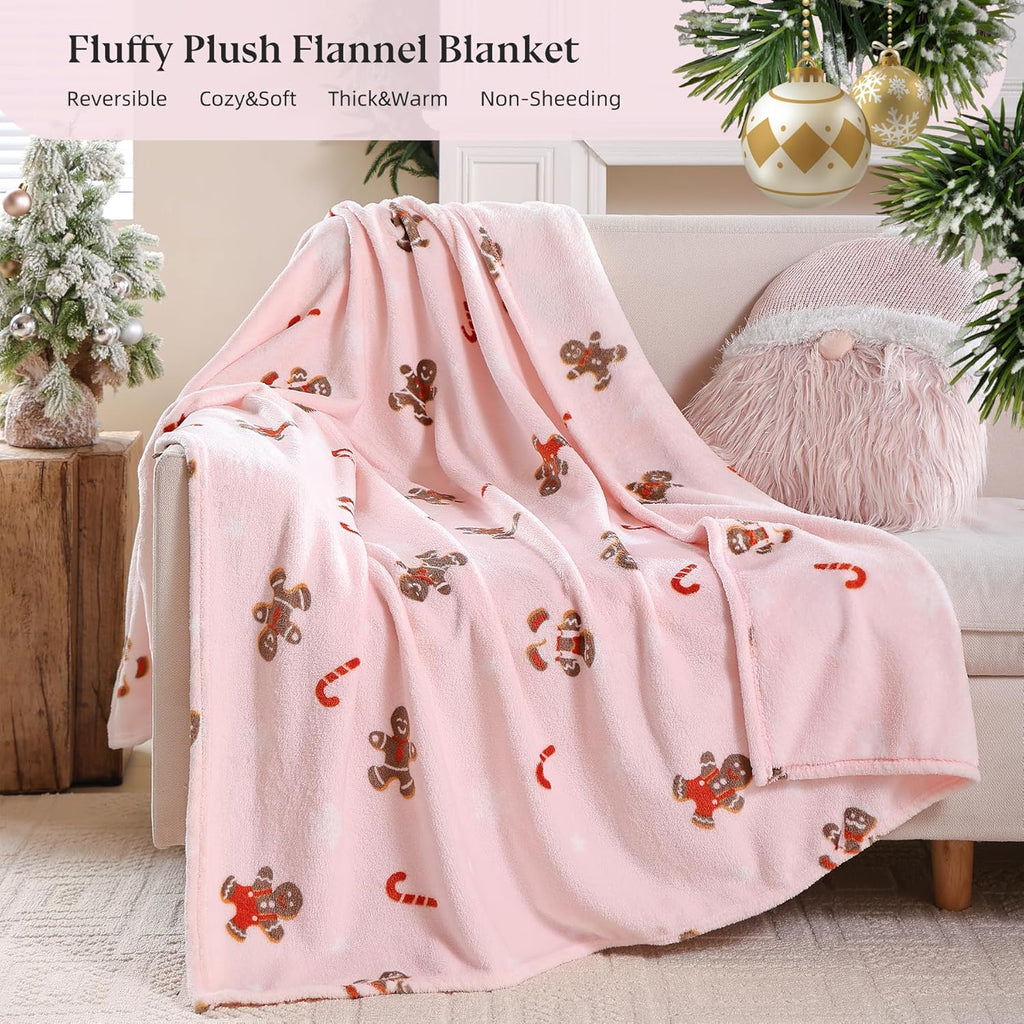 Pink Christmas Blanket with Gingerbread And Candy Cane Design, Warm And Cozy Flannel Blanket, Bed Blanket, Suitable for Home Leisure, Office, And S, Easy to Clean, Machine Washable