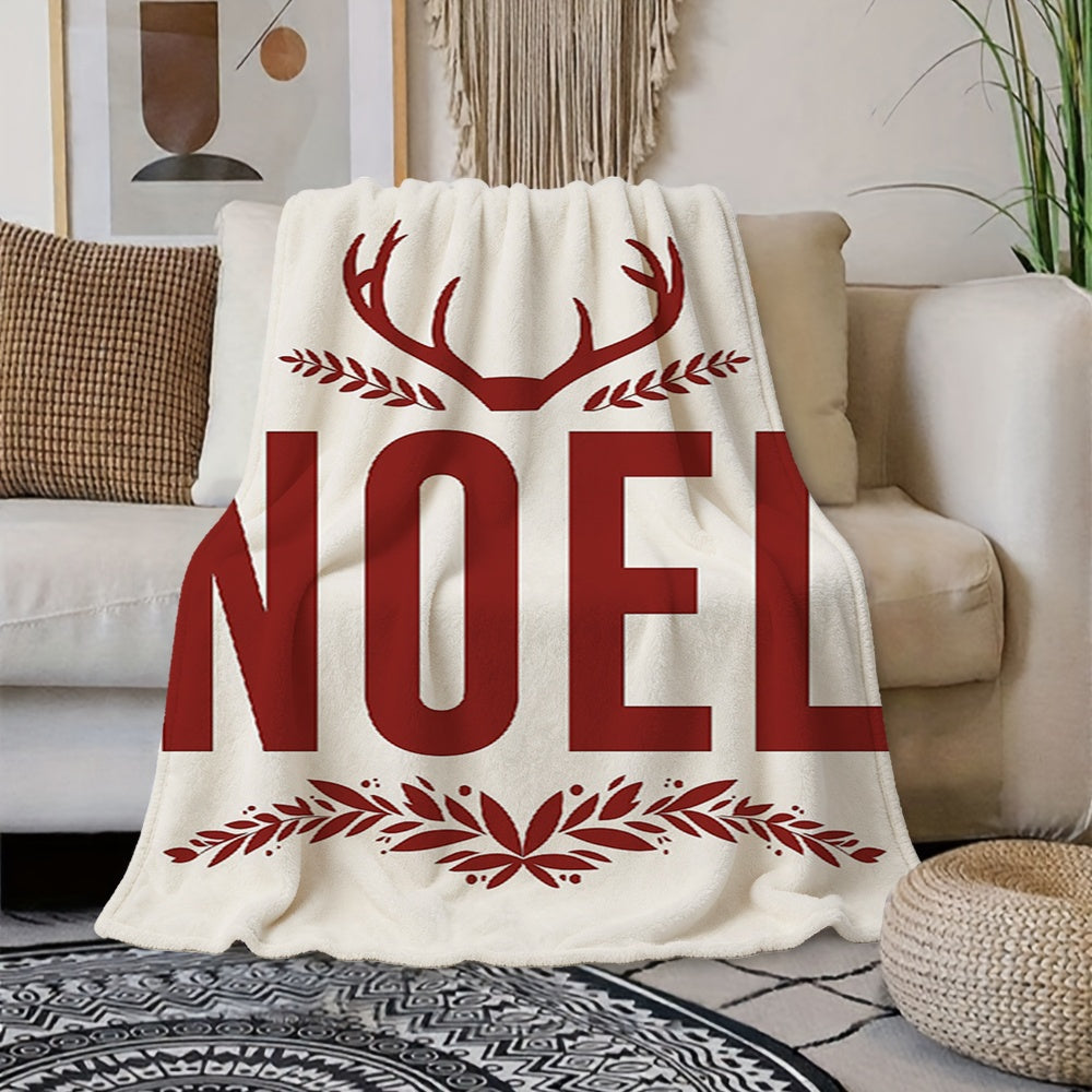 1pc Red and White Christmas Reindeer with "NOEL" Themed Cream Beige Flannel Blanket, Christmas Winter Body Blanket, Soft Plush for All Seasons, Suitable for Home Naps, Movie and Entertainment Time, and Weekend Sofa Naps