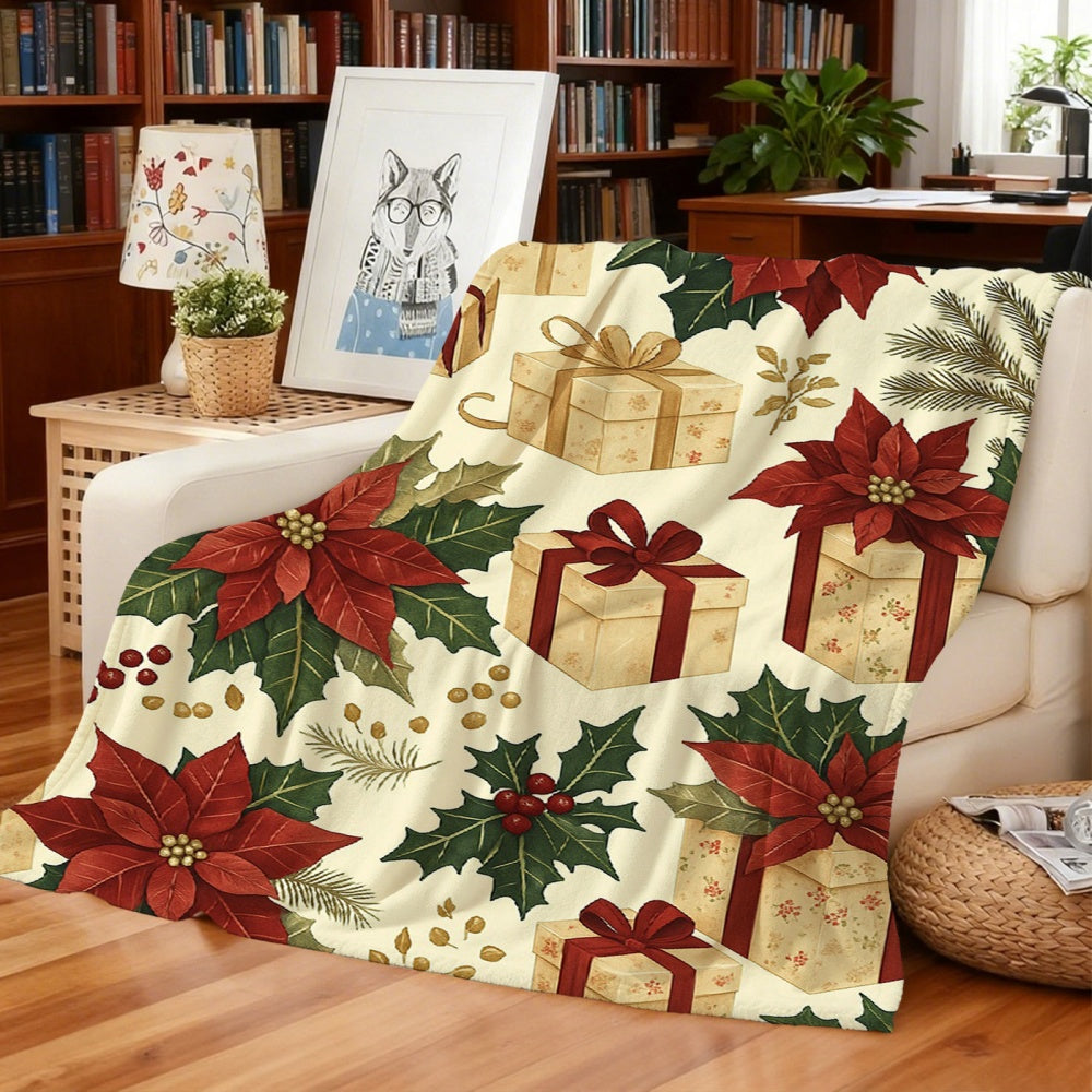 1pc Christmas Red Green Floral And Gift Box Pattern Cream Flannel Blanket, Festive Warm Design, Soft Plush All-Season Use, Suitable for Weekend Sofa Naps, Living Room Sofa Cover And Holiday Home Decor