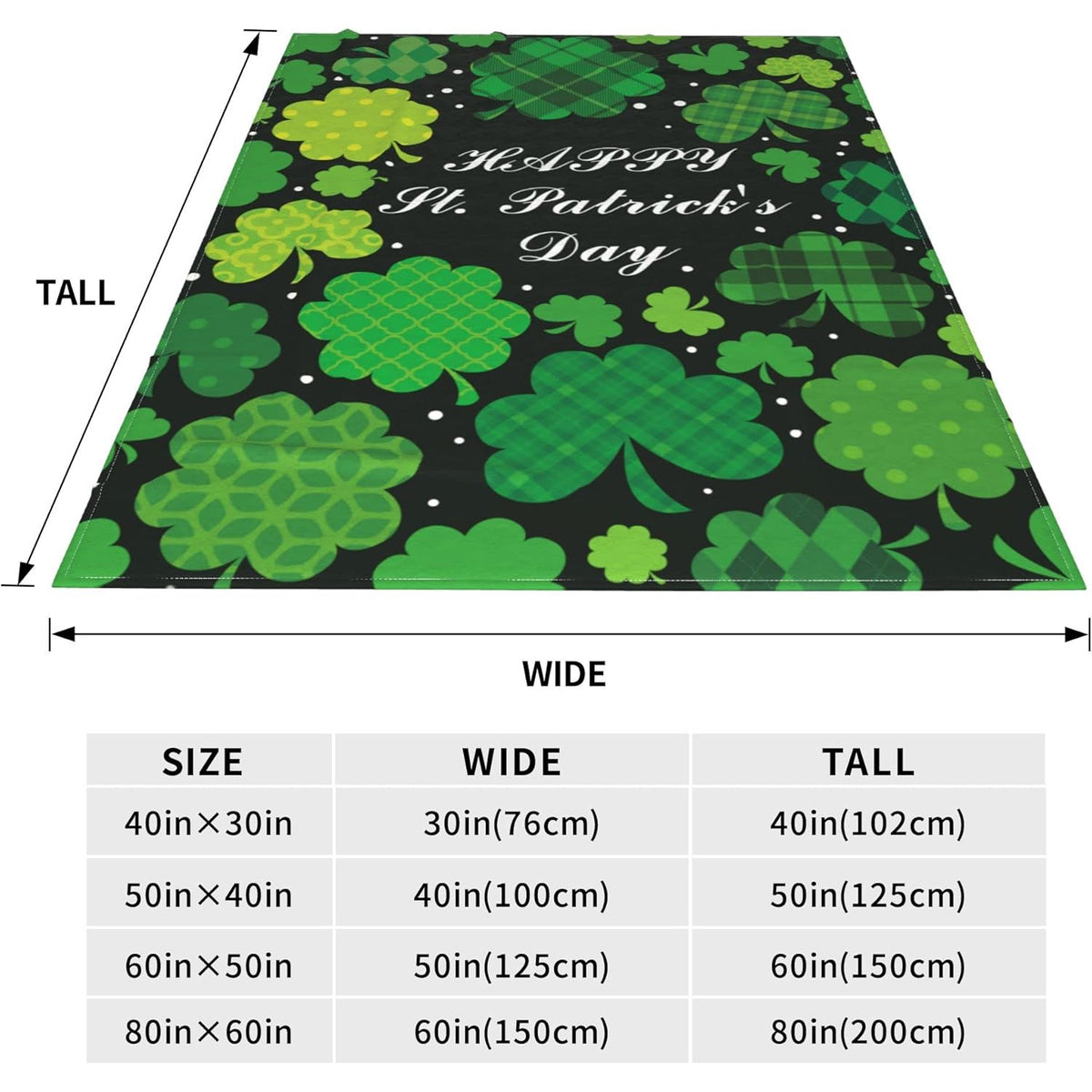 Decorative Blanket for St. Patrick'S Day Featuring a Green Clover Buffalo Plaid Design, Perfect for Spring. This Soft Flannel Blanket Measures 40X50 Inches And Is Ideal for Travel And Irish Festival Decorations, in Black
