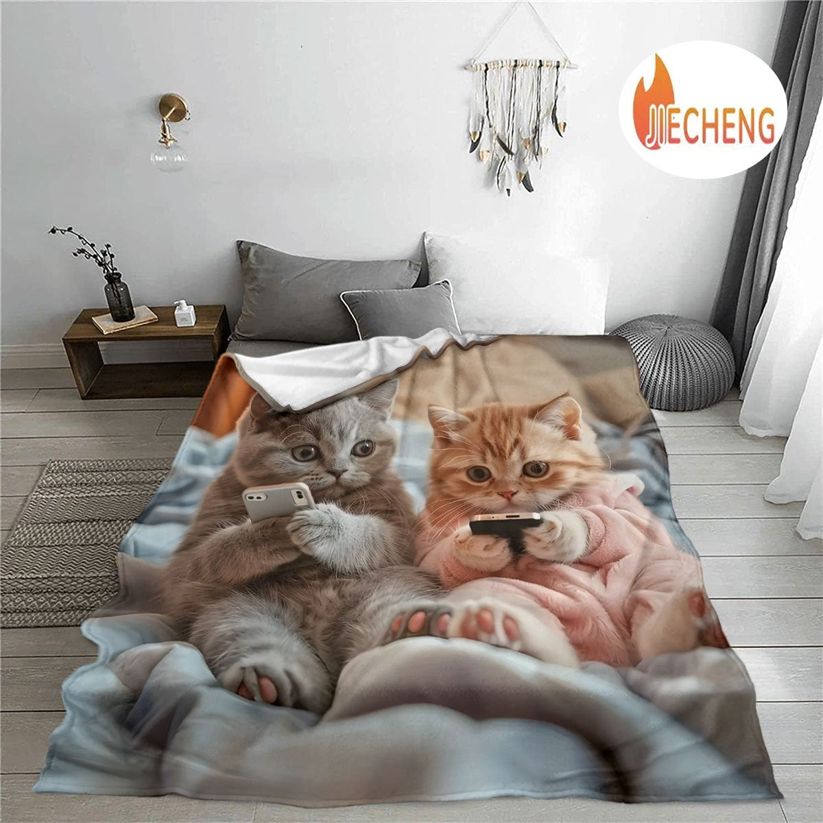 1pc 2D Flat Printing, Cute Kitten Playing with Phone Blanket, Soft Fleece Blanket - Orange And Gray Design, Multi-Size Available, Suitable for Living Room, Bedroom, Sofa, And Casual Reading