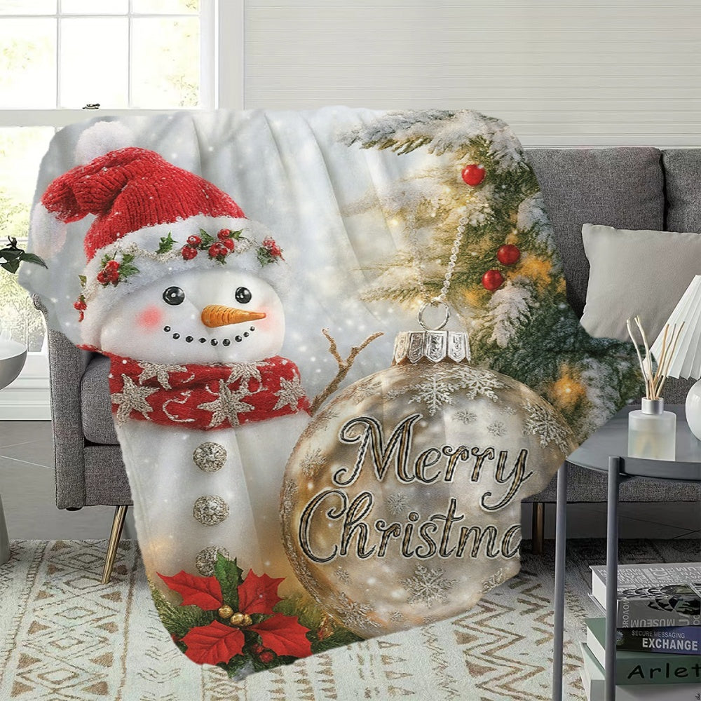 1pc, 2D Flat Snowman And Christmas Ball Pattern Flannel Blanket, Soft Comfortable Warm, White Holiday Design, Durable Plush, All Seasons, Warm Cover, Suitable for Bedroom Bed End Decor, Weekend Sofa Nap, Dormitory Life