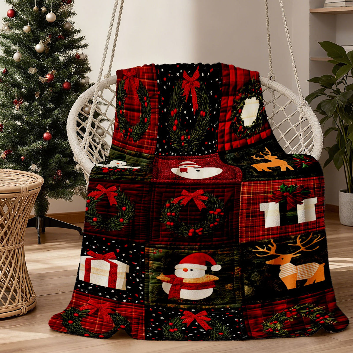 1pc Christmas Snowman And Pine Garland Theme Red-Toned Flannel Oversized Blanket, Festive Winter Decor Design, Large Throw Blanket, Durable Plush, All-Season Use, Suitable for Weekend Sofa Naps, Reading Time, Seasonal Home Use