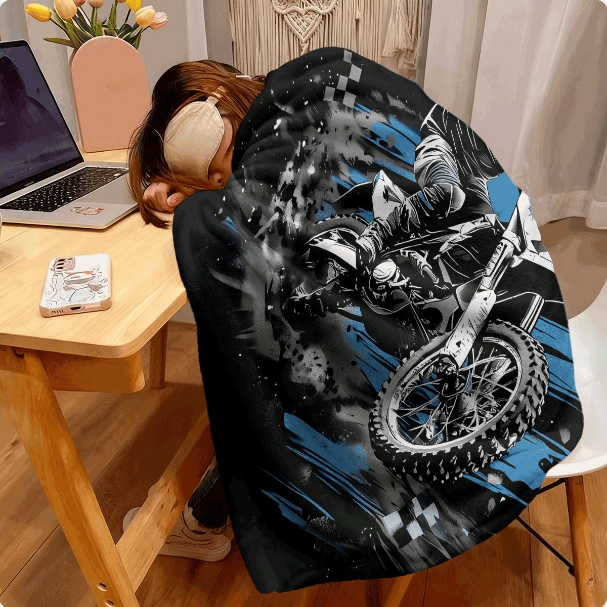 Flannel Blanket ? Single Piece ? Motorcycle Lovers Design ? Cozy Fleece Material ? Vibrant Motocross Rider & Dirt Bike Graphics ? Black, Blue, White, Gray Splashes ? Ideal for Home Decoration, Camping, Travel