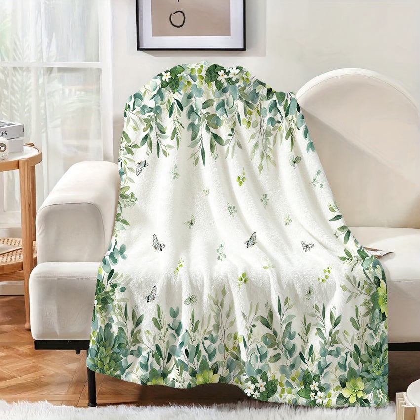 1pc Green Leaf Floral Butterfly Pattern Blanket, Natural Style Design, Soft Plush Surface, Lightweight and Durable Flannel Material, Multiple Sizes Available, Perfect for Holiday Gifting, Living Room Lounging, Bedroom Sleeping, Study Reading