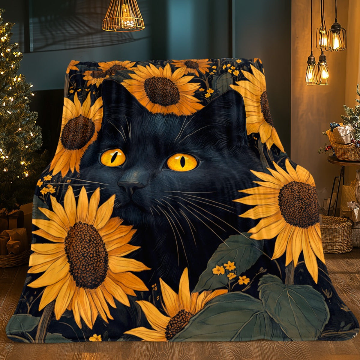 1pc Black Cat & Sunflowers HD Printed Flannel Blanket - All-Season Soft Lightweight Throw for Camping, Travel, Home, Office - Contemporary Anime Design Cozy Gift, Travel Blanket, Vibrant Design, Durable Fabric