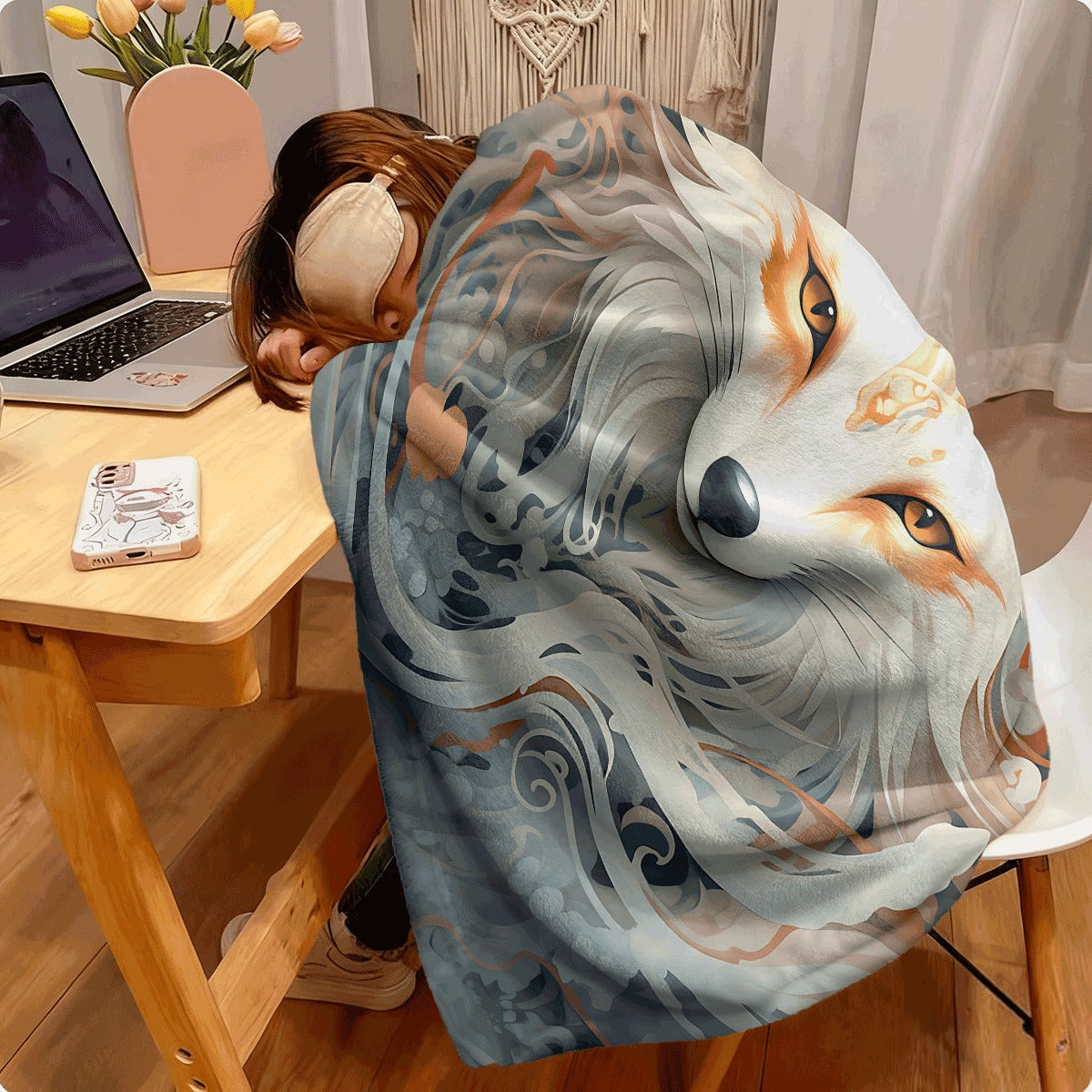 1pc Enchanted White Fox Flannel Blanket Artistic Whirlpool Pattern Ultra Soft Cozy Warm Throw for Sofa All-Season Comfort Stylish Home Decor