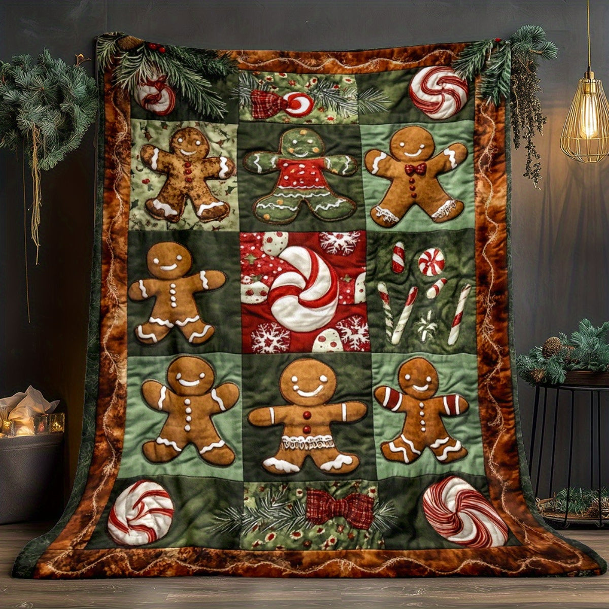 1 Gingerbread Candy Pattern Quilted Blanket - Lightweight Home Furnishing Products, Suitable for Sofas, Tops, Travel Camping, Living Rooms, Offices, Seats And Tops, Soft And Warm Digital Printed Blanket