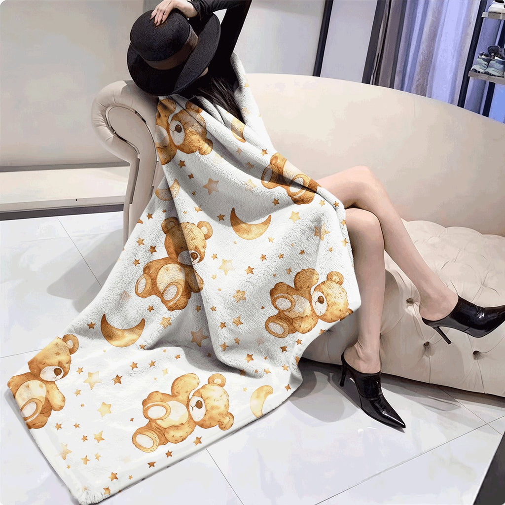 1pc Cozy Teddy Bear Moon & Stars Watercolor Print Flannel Blanket Soft Warm All-Season Throw with Plush Texture, Contemporary Style, Durable Polyester, Perfect for Home, Camping, Office Ideal