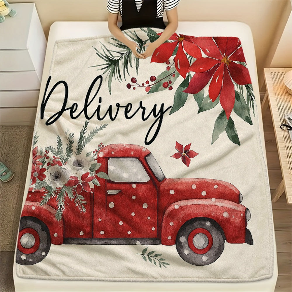 1pc Christmas Red Vintage Truck And Floral Pattern Cream Beige Flannel Blanket, Christmas Winter Body Blanket, Soft Plush All-Season Use, Suitable for Living Room Sofa Cover, Reading Time And Weekend Sofa Nap