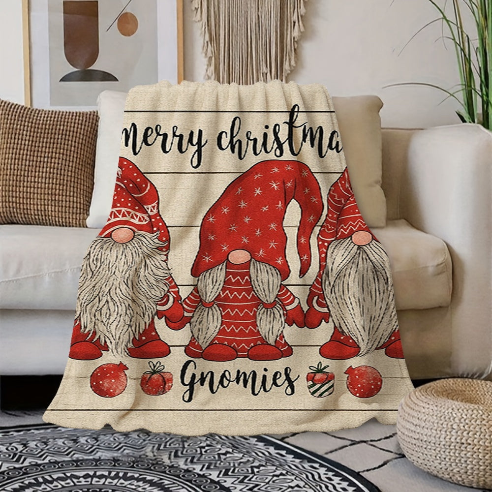 1pc Christmas Red "Gnomies" Pattern Cream Beige Flannel Blanket, Festive Warm Design, Soft Plush All-Season Use, Suitable for Reading Time, Home Nap, And Holiday Decor