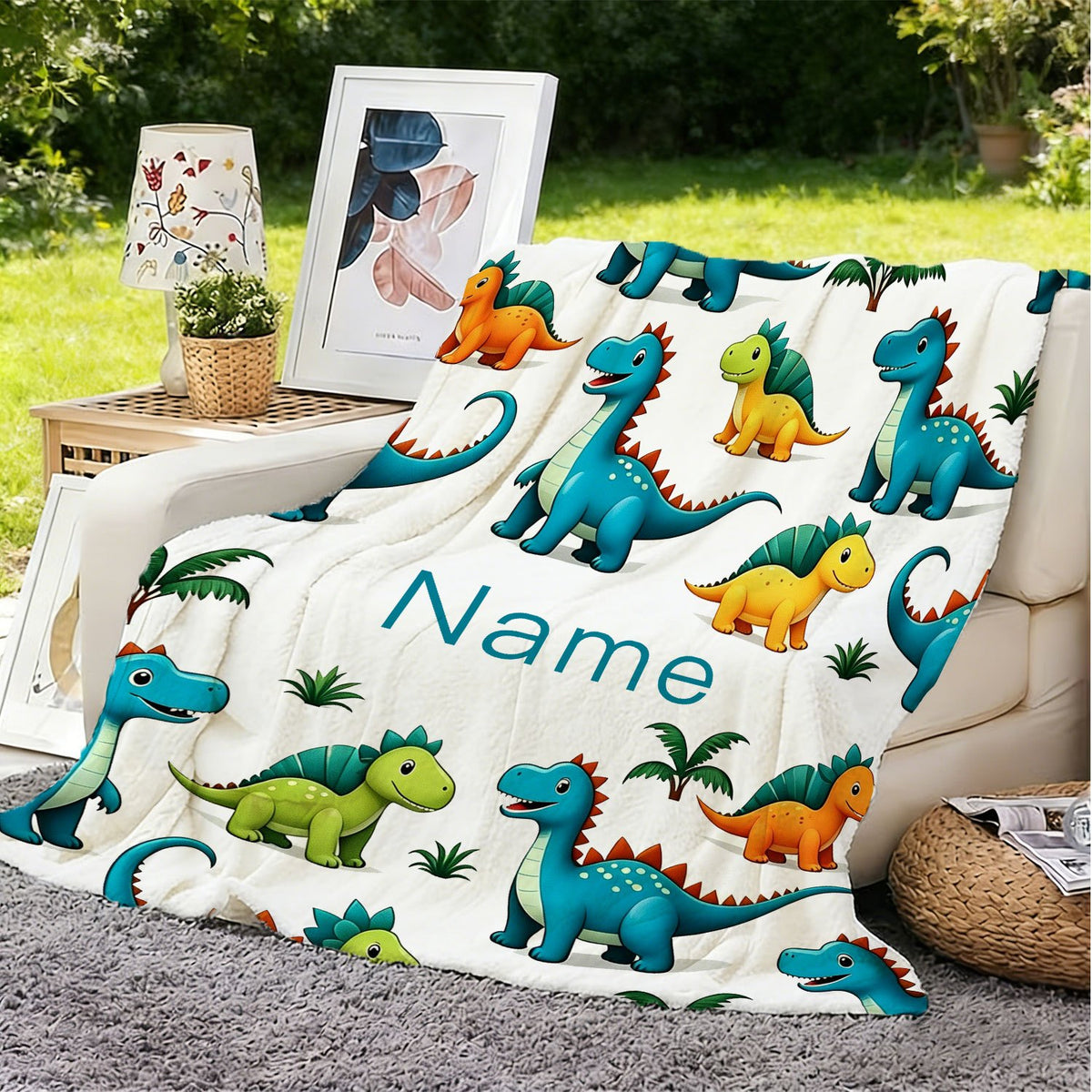 Cartoon Dinosaur Flannel Blanket, Plush Blanket, Personalized Custom Name Blanket, Comfortable Personalized Blanket, All-Season Gift Blanket, Suitable for Home and Travel, for Outdoor Enthusiasts, Holiday Gift for Family and Friends
