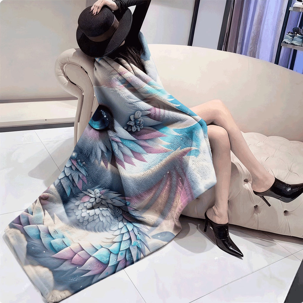 1pc Adorable White Dragon Print Flannel Blanket Soft & Warm All-Season Lightweight Spread Cute Blue-Eyed Dragon & Pastel Rainbow Design Contemporary Geometric Patterns Machine Washable Co
