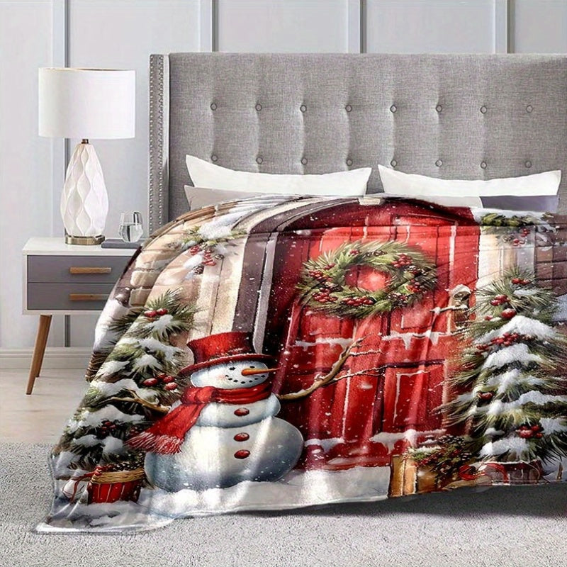 1pc Snow Christmas Door Pattern Blanket, Red Door Print Design, Body Cover Blanket, Soft Fleece Plush Surface, Lightweight And Durable, Multiple Sizes Available, Suitable for Christmas Decoration, Outdoor Courtyard, Living Room Sofa