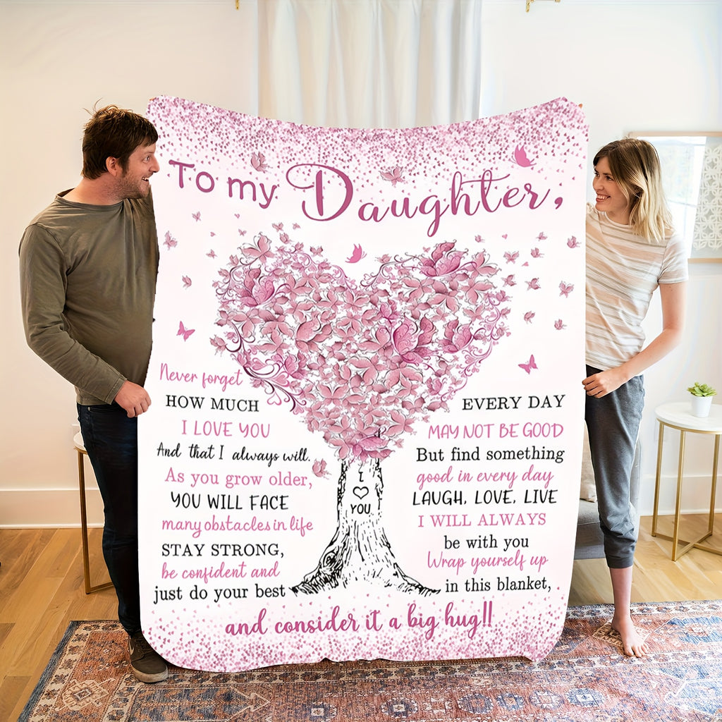 Pink Heart Tree Flannel Blanket- to My Daughter Quilt with Love& Support Message, Perfect Gift for Daughters, Machine Washable Polyester, All-Season Use, Everyday Comfort|Warmthful Gift|Durable Quilt