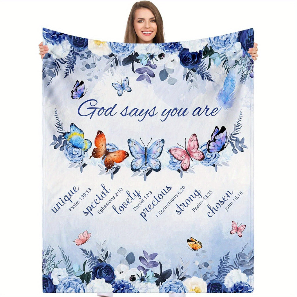 Christian Inspirational Scripture Throw Blanket with Floral Butterfly Design- Soft 280gsm Flannel All-Season Cozy Blanket for Home, Office, Bedroom- Machine Washable Faith-Based Gift, Throw Blanket for Couch, Pastel Color Decor