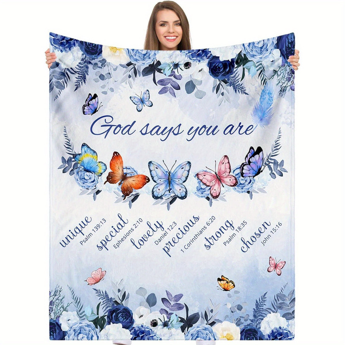 Christian Inspirational Scripture Throw Blanket with Floral Butterfly Design- Soft 280gsm Flannel All-Season Cozy Blanket for Home, Office, Bedroom- Machine Washable Faith-Based Gift, Throw Blanket for Couch, Pastel Color Decor