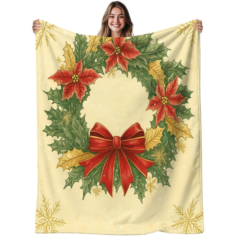 1 Christmas Wreath and Red Ribbon Flannel Blanket, Beige-toned Design, Durable Plush Warm Throw Blanket, Suitable for Bedroom Bed Use, Balcony Leisure, and Seasonal Home Use