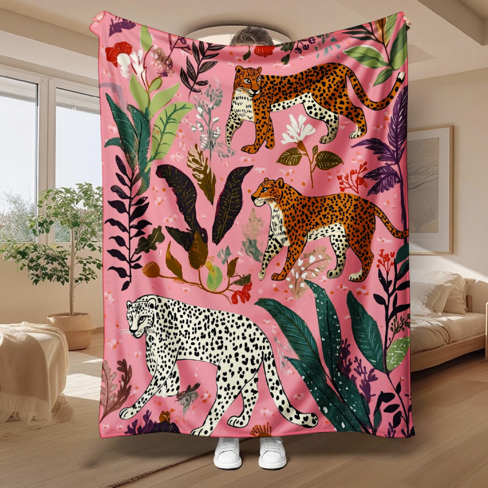 Leopard Print and Tropical Floral Pattern, Animal Lover's Gift, Blanket, Pink Jungle Design, Home Decor, Soft and Comfortable, Multi-purpose