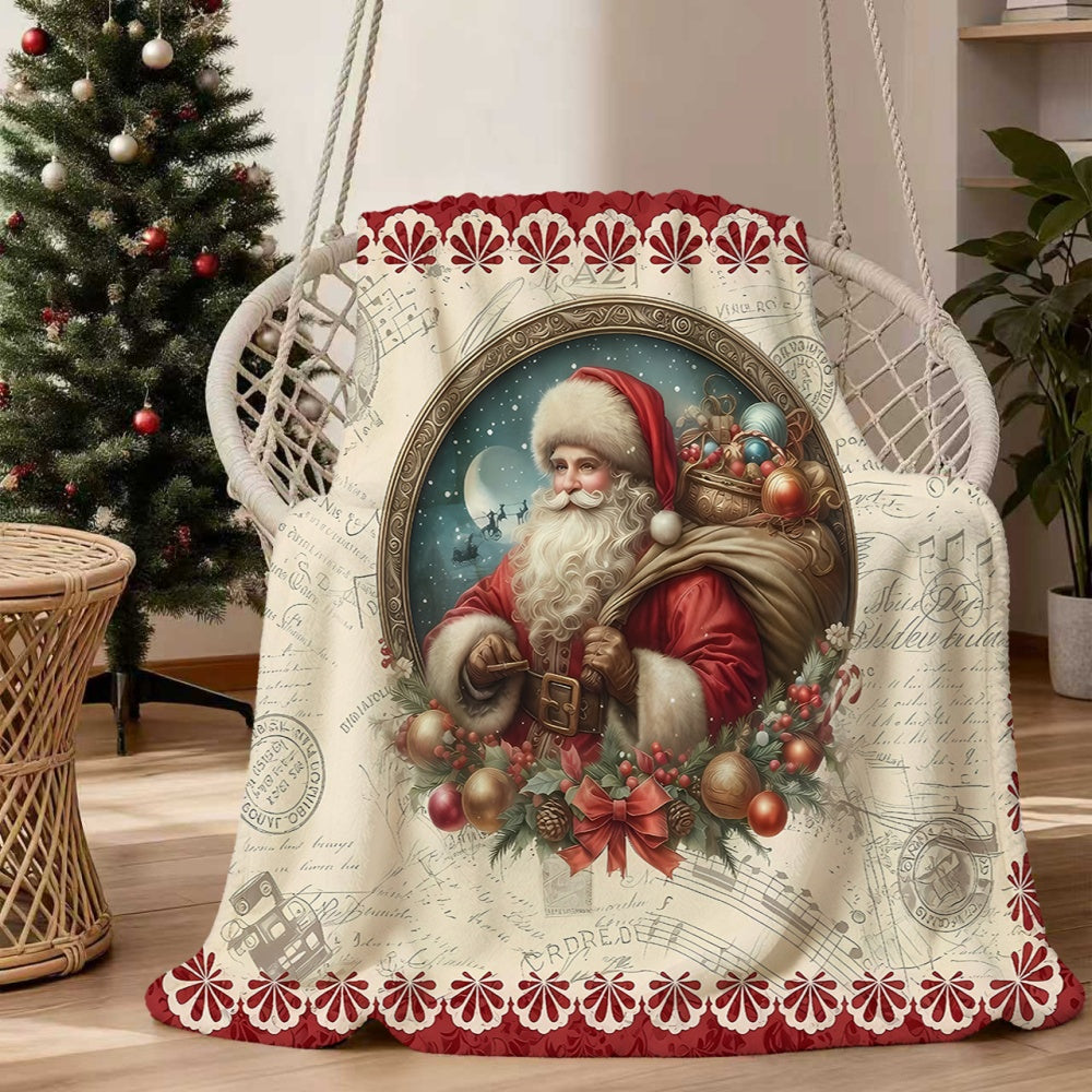 1pc Santa Claus And Holiday Decor Flannel Blanket, Soft Comfortable Warm, Beige And Red Design, All-Season Sofa Blanket, Warm Throw Blanket, Multiple Sizes Available, Suitable for Living Room Sofa, Bedroom, Reading Corner, Holiday Parties