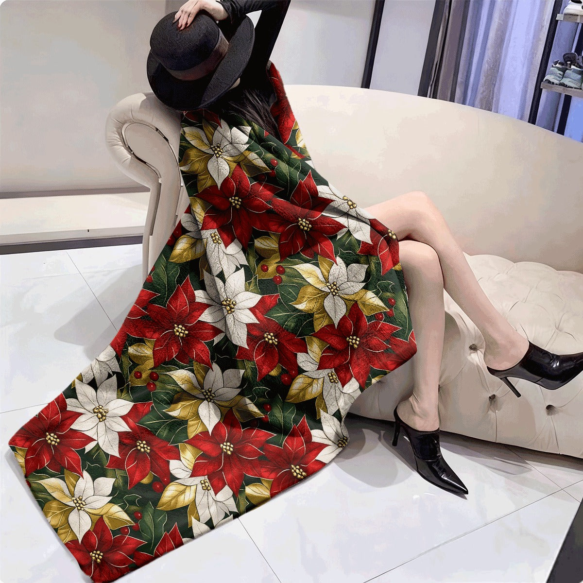 1pc 1pcs Suige Home Christmas Poinsettia Printed Blanket Soft Plush Throw Lightweight Polyester Flannel Contemporary Style All-Season 250-300g Fabric Couch Sofa Cover No Embellishments Di
