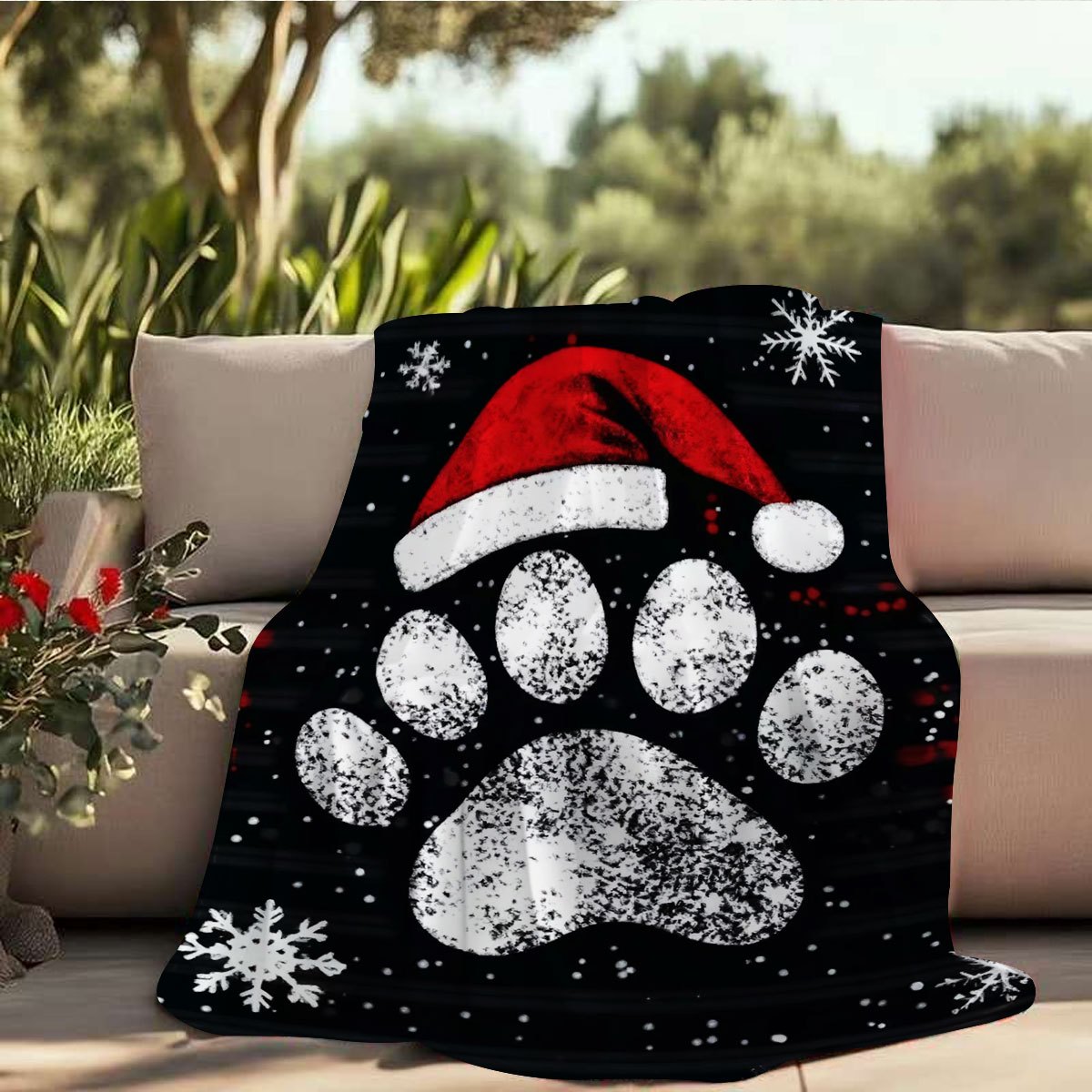 1pc of Large Flannel Blanket with a Black Design Featuring a Christmas Red Hat and White Paw Print Pattern, Suitable for Christmas Winter Decor, Holiday Home Decoration, Living Room Sofa Throw, and Home Naps