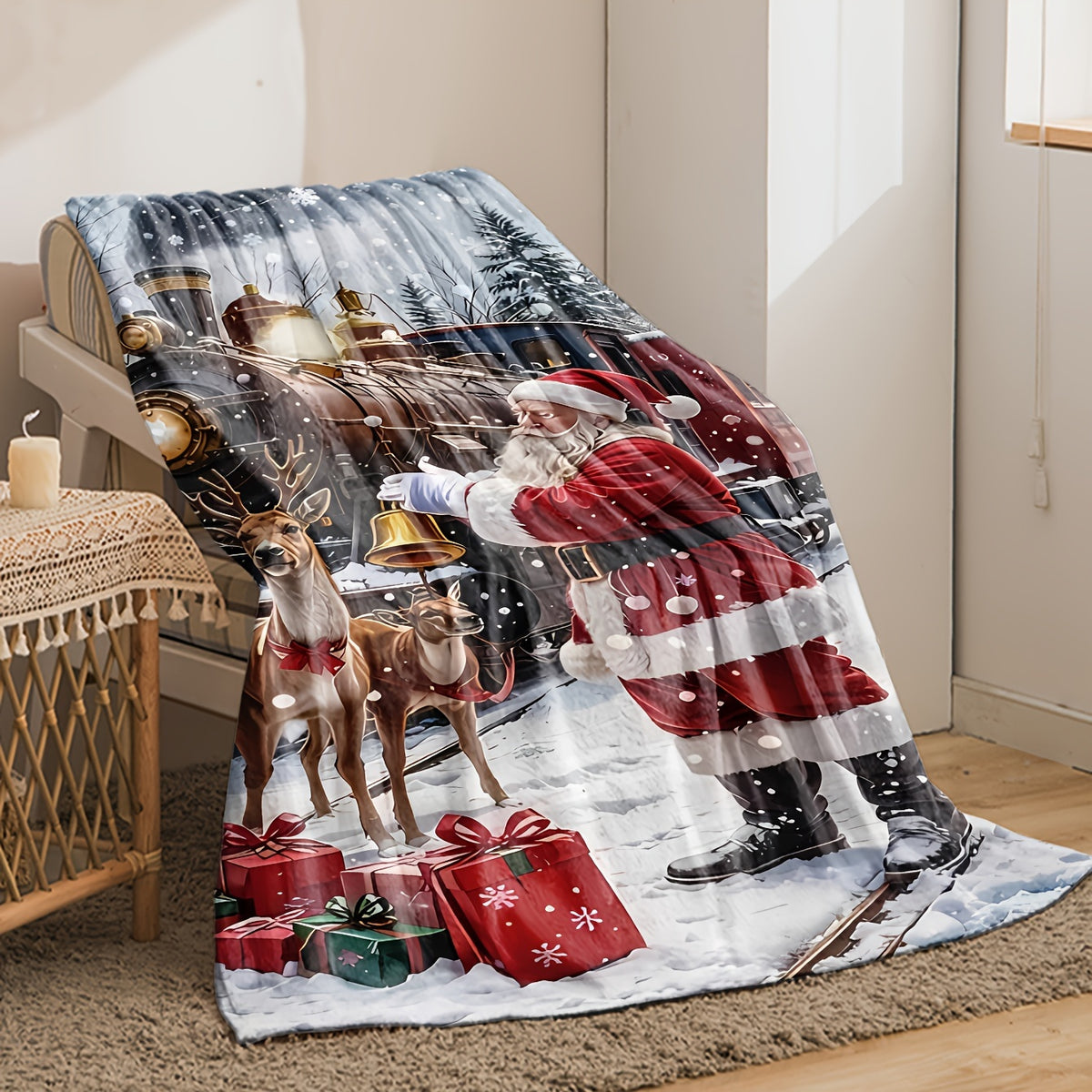 1pc Cozy Christmas Santa & Reindeer Train Flannel Throw Blanket - Soft Warm All-Season, Anti-Tear Machine Washable Sofa Cover, Traditional Holiday Train with Santa, Reindeer & Locomotive, Suitable for, Couch, Office - Care