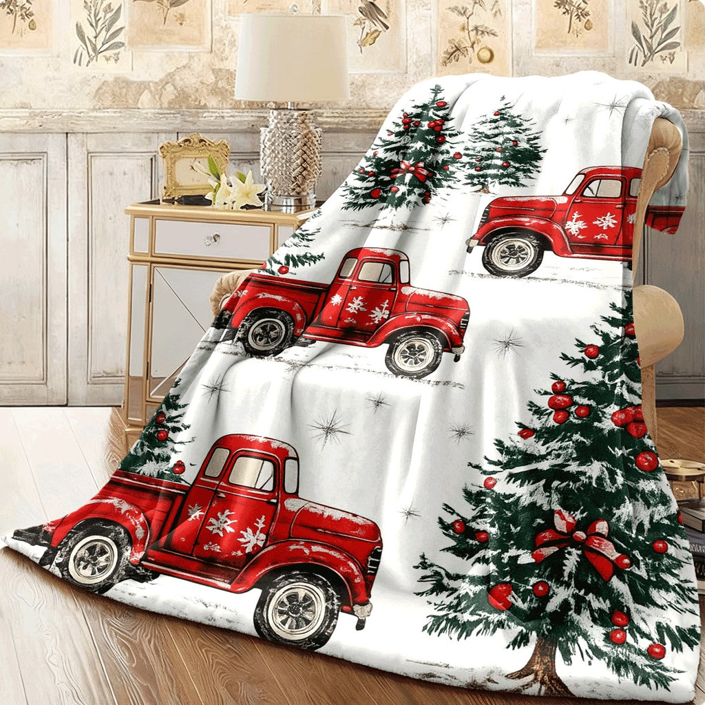 1pc Christmas Winter Red Truck And Tree Flannel Blanket Cozy Warm Throw for Sofa Festive Xmas Home Decor with Snowy Christmas Trees Holiday Plush Blanket