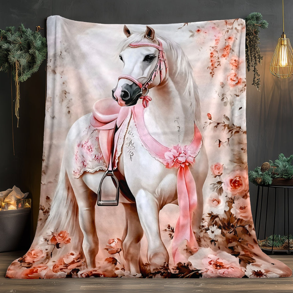 1pc of Pink Floral and White Horse Themed Flannel Blanket, Soft, Comfortable, and Warm, with a Romantic Pink Design and Durable Plush Surface. A Versatile All-season Bed Blanket and Warm Throw, Available in Multiple Sizes. Suitable for Living Room