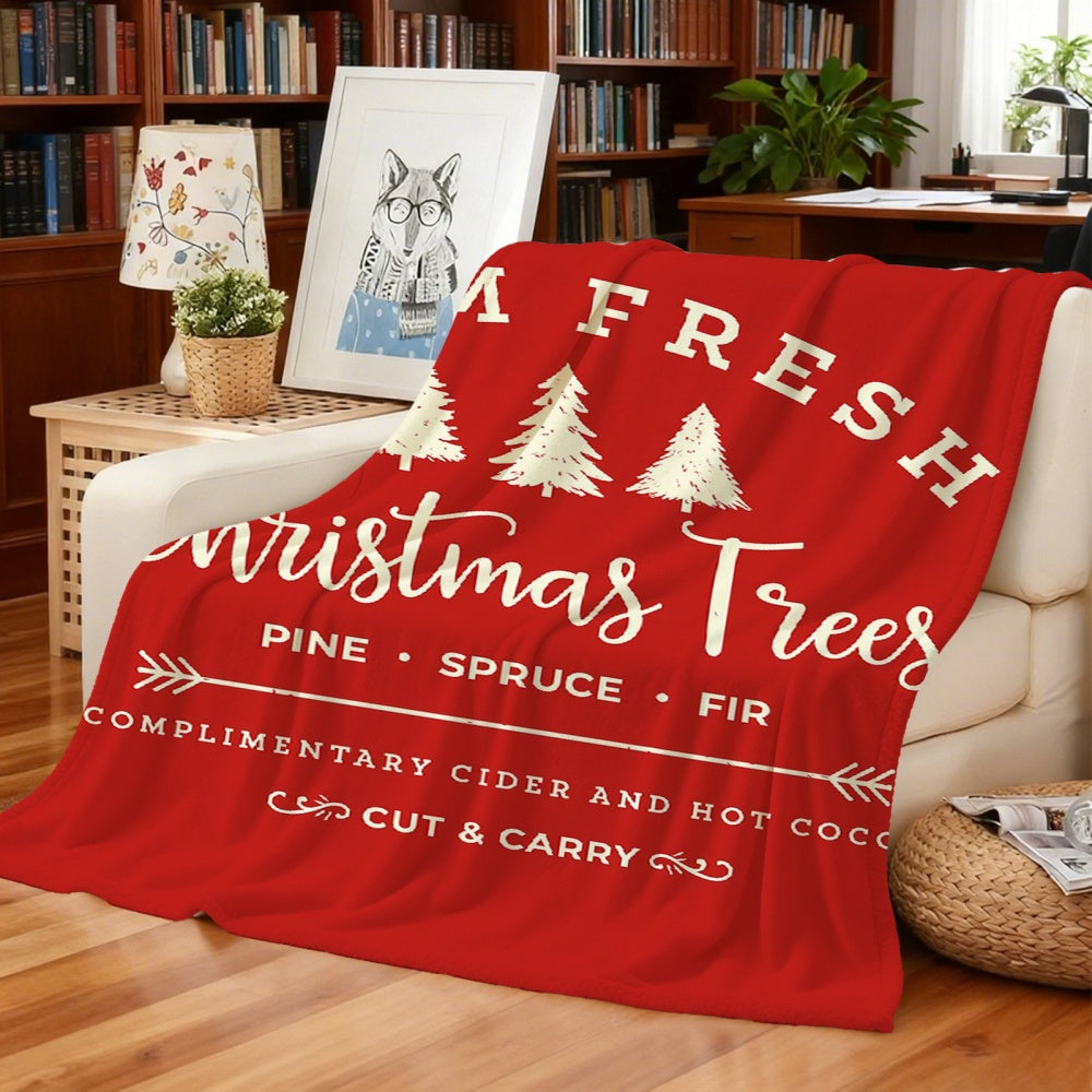 1pc Christmas Red Pine Tree And Holiday Text Design Flannel Blanket, Soft Plush All-Season Use, Suitable for Living Room Sofa Cover, Home Nap, And Reading Time