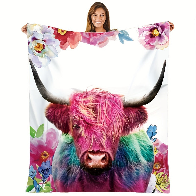 1pc 2D Flat-printed Colorful Cow and Floral Pattern Blanket, Soft Flannel Throw¡ªpink and Green Design, Multiple Sizes Available, Suitable for Living Room, Bedroom, Sofa, Balcony, and Outdoor Use, 2D Flat