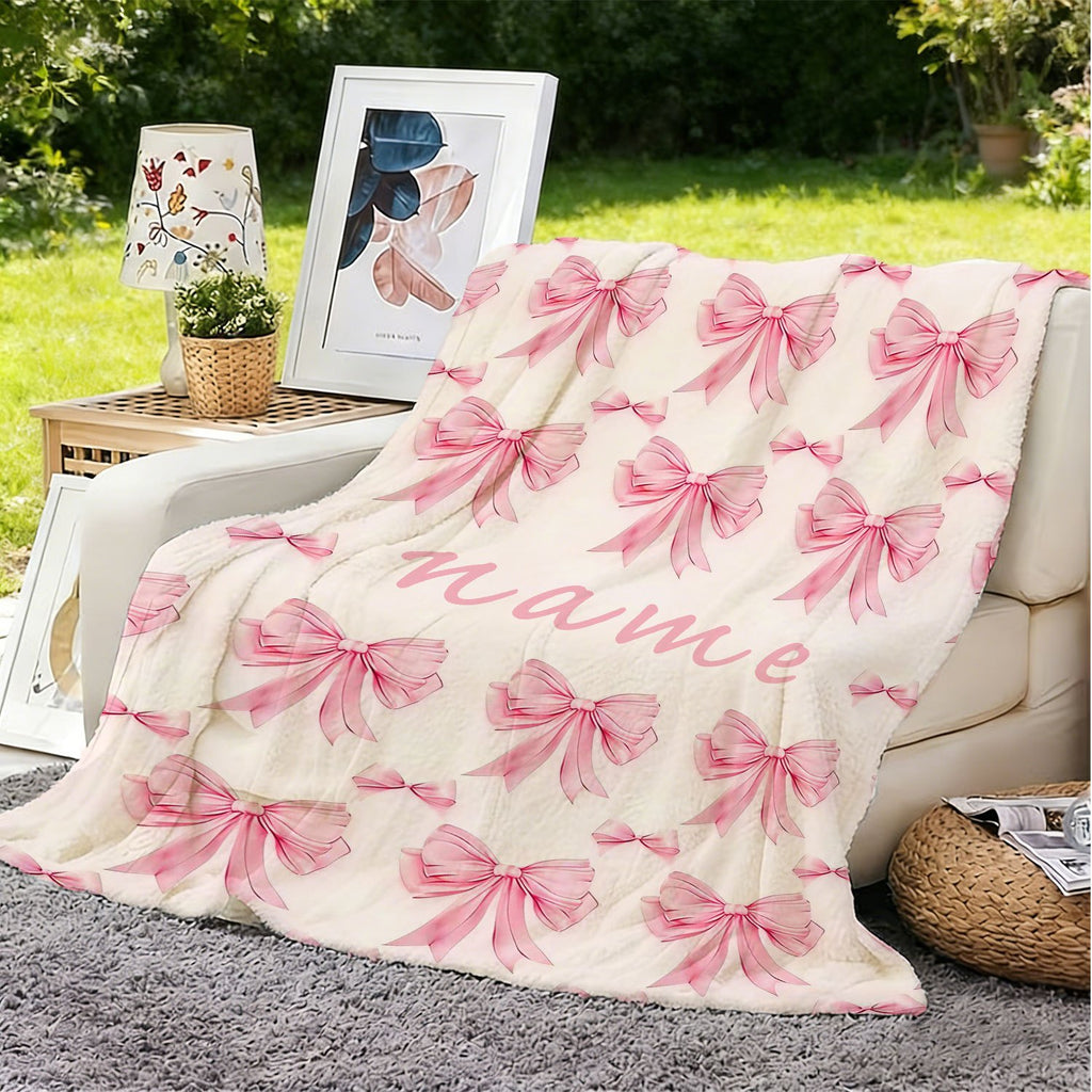 Personalized Custom Name Blanket, Pink Bow Fleece Blanket, Gift for Outdoor Enthusiasts, All-Season Plush Blanket, Suitable for Home And Travel, Comfortable Personalized Blanket, Ideal Holiday Gift for Family And Friends