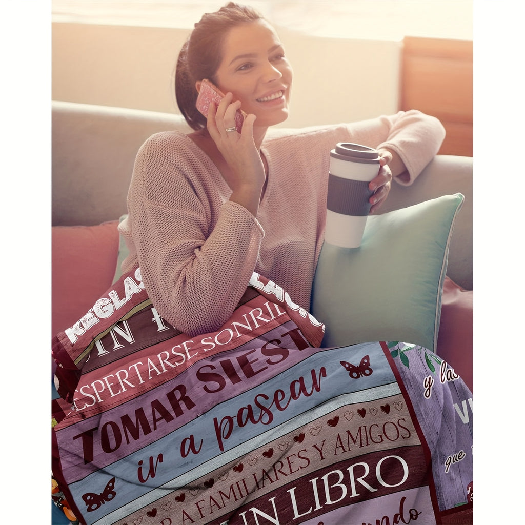 A Single Elegant Gift for Retiring Women - a Soft Flannel Throw Blanket Adorned with Uplifting Spanish Phrases, a Cozy Pink Blanket Suitable for All Seasons, Featuring Floral And Butterfly Patterns, Ideal for Use on a Couch,, Or While Traveling