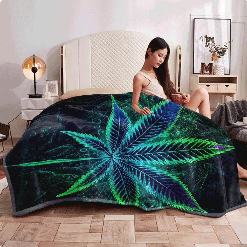 1pc Luminous Leaf Flannel Blanket Dark Background with Glowing Blue & Green Leaf Design Cozy Soft Throw for Couch All-Season Warm Fabric Blanket