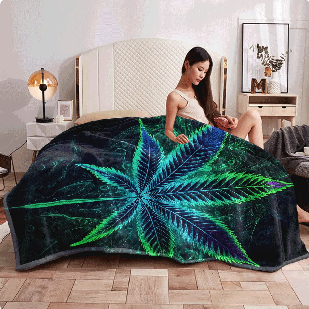 1pc Luminous Leaf Flannel Blanket Dark Background with Glowing Blue & Green Leaf Design Cozy Soft Throw for Couch All-Season Warm Fabric Blanket