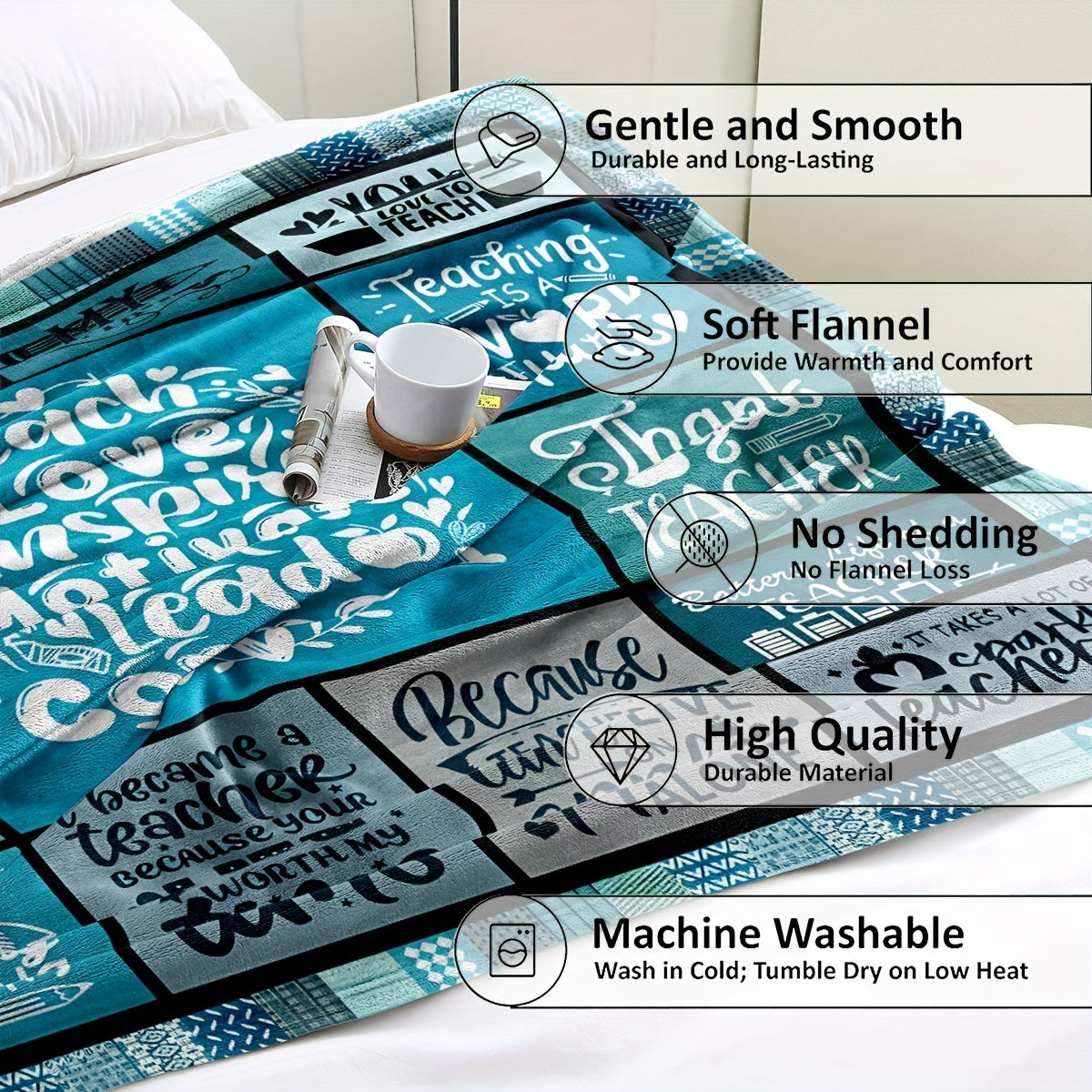 Contemporary Polyester Teacher Blanket- Hypoallergenic All-Season Throw with Inspirational Quotes and Teaching Motifs for Multi-purpose Use- Perfect Gift for Teachers