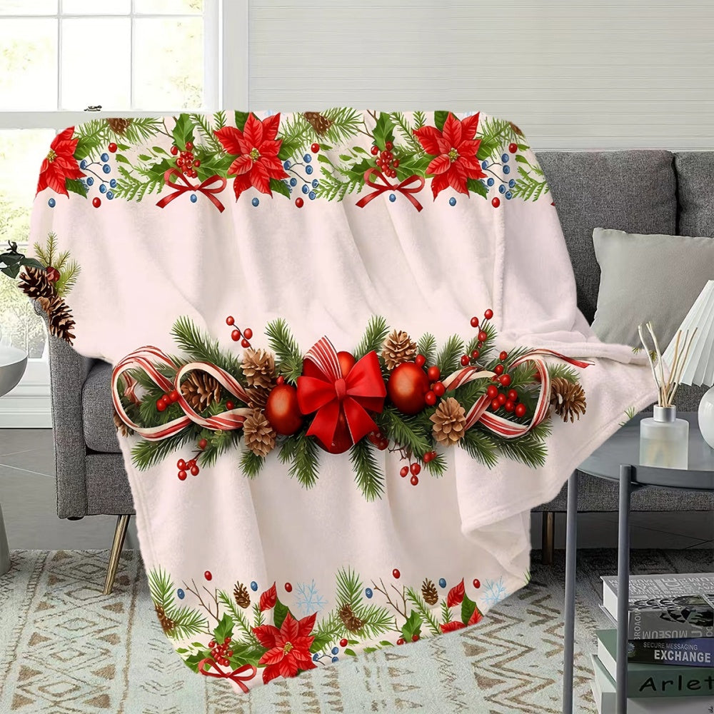 1pc, Christmas Floral And Pinecone Decor Flannel Blanket, Soft Comfortable Warm, White Holiday Design, Durable Plush, All-Season Sofa Blanket, Warm Throw Blanket, Multiple Sizes Available, Suitable for Living Room, Bedroom, Sofa