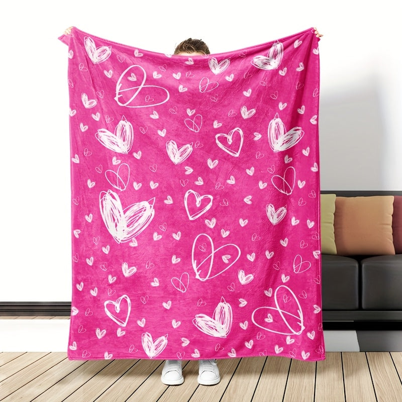 1pc Valentine'S Day Heart Pattern Plush Flannel Blanket | Soft, Comfortable, Cute Rectangular Polyester Throw Blanket, Suitable for All Seasons, Hand Wash Only, Digital Print, Fabric
