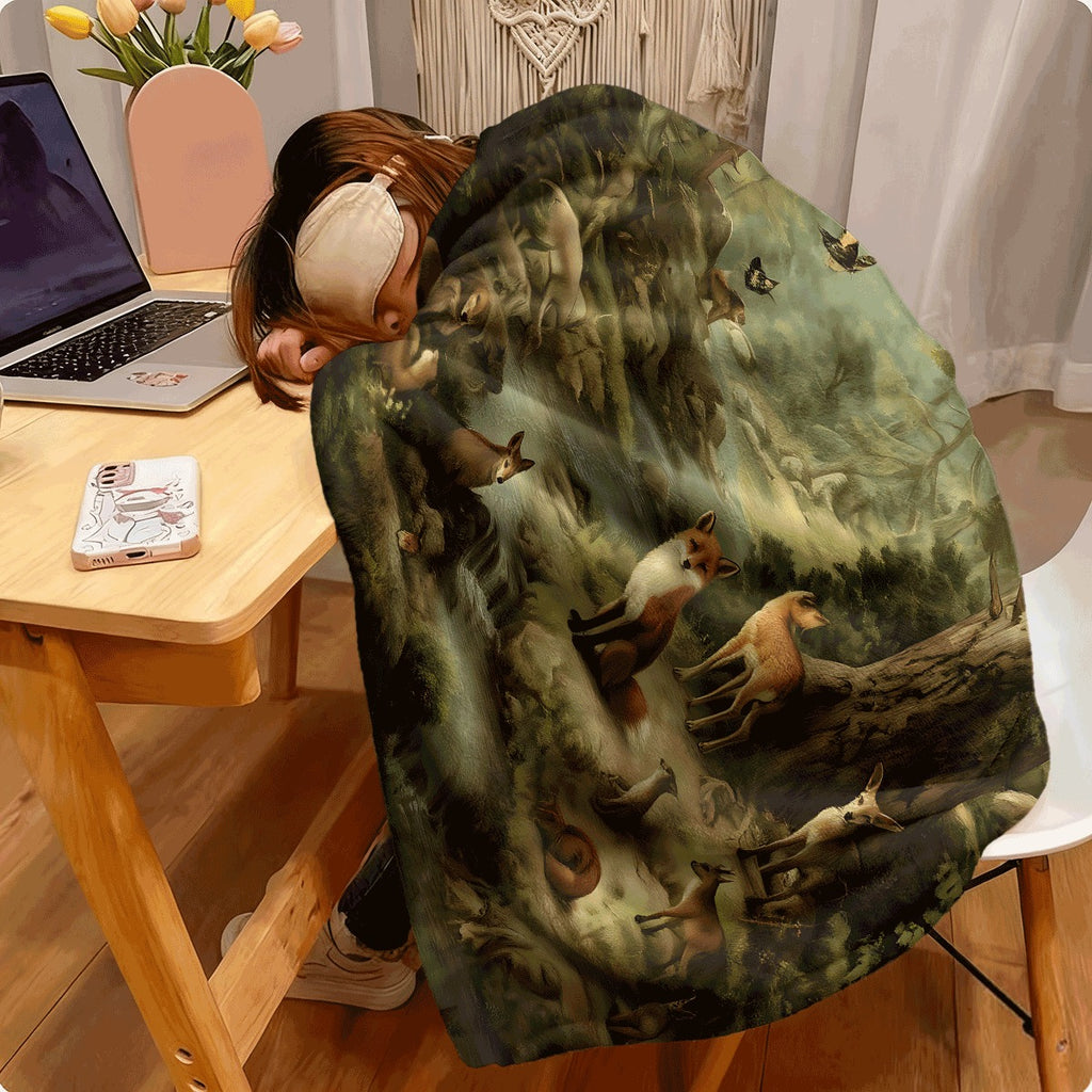 1pc Enchanted Forest Flannel Blanket with Fox Deer Butterfly & Wildlife Cozy Soft Nature Scene Print for Sofa All-Season Warm Plush Flannel Throw