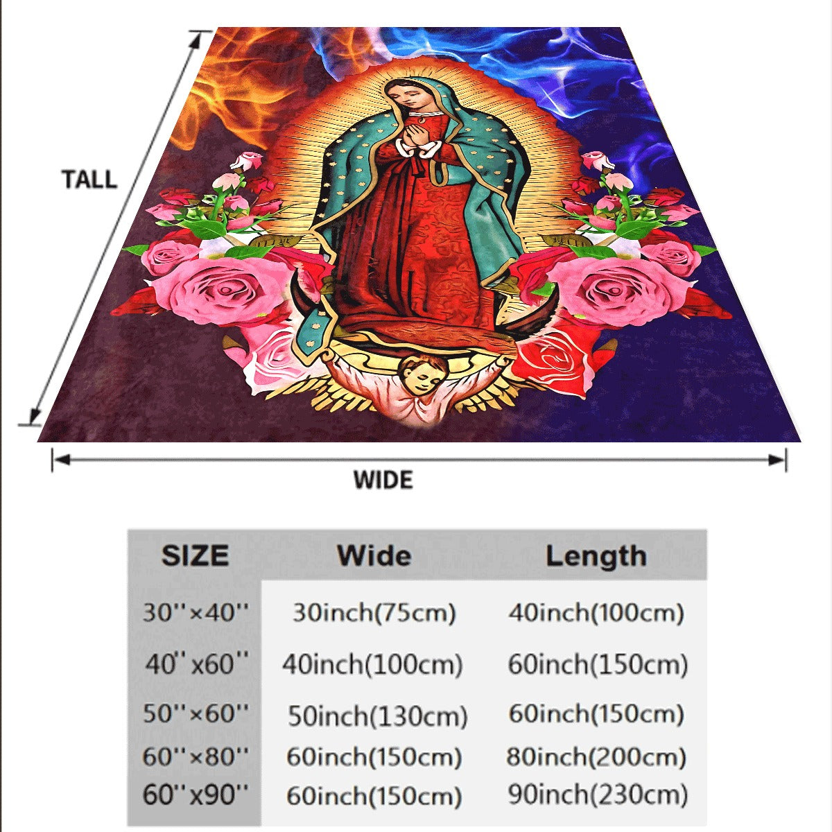 1pc Cozy Flannel Blanket with Our Lady of Guadalupe Print Surrounded by Roses, Vibrant Blue Orange Flame Background, Soft Warm Throw for Home Decoration