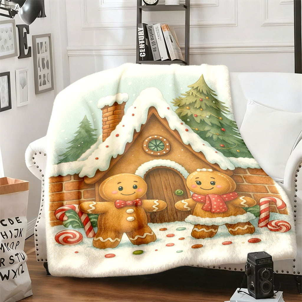1pc Gingerbread Man And Snow House Pattern Warm Yellow Flannel Oversized Blanket, Christmas Winter Decor, Holiday Home Decoration, Reading Time, Home Nap Use