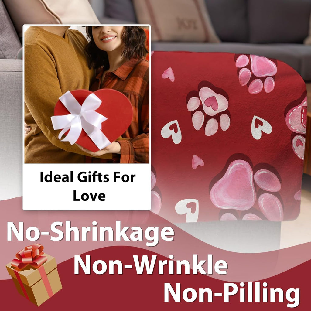 A Flannel Throw Blanket Featuring Paw Prints for Valentine'S Day, in Red And Pink, Perfect As a Romantic Gift for Anniversaries, Weddings, Or Birthdays for Women, Girlfriends, Wives, Or Lovers. This Soft Blanket Is Ideal for Bedding Or The Sofa