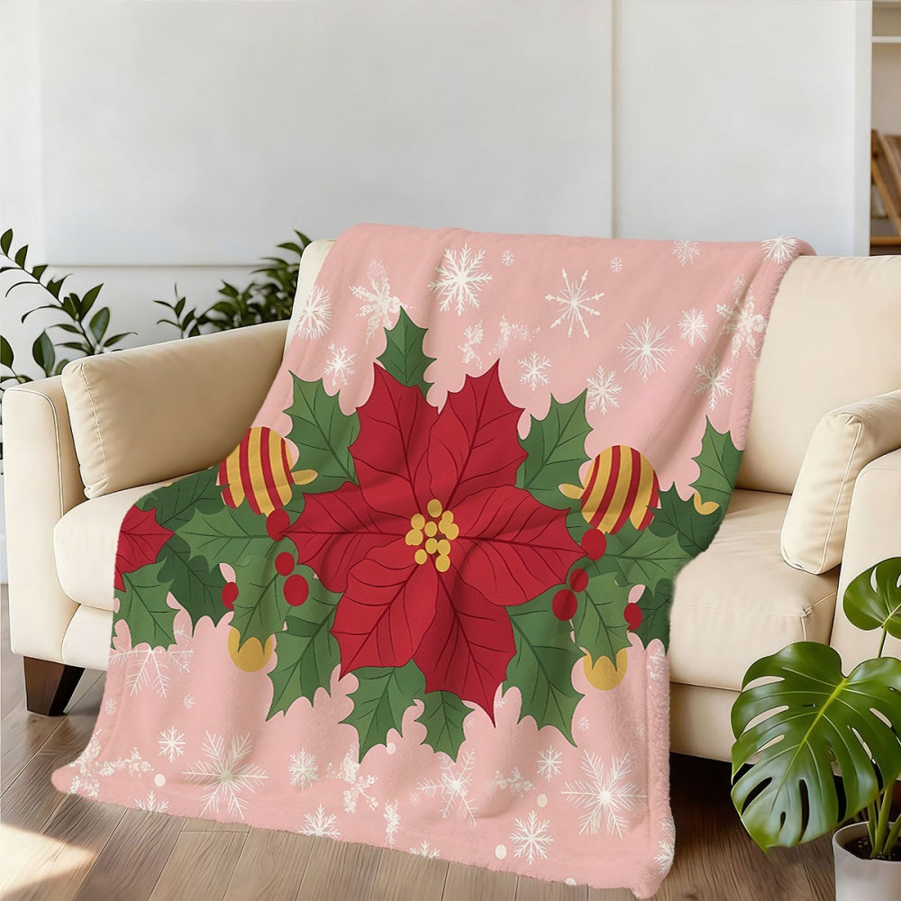1pc Christmas Red Green Wreath And Snowflake Pattern Flannel Blanket, Soft Comfortable Warm, Pink Design, All-Season Sofa Blanket, Warm Cover, Multiple Sizes Available, Suitable for Living Room Sofa, Bedroom, Casual Reading, Holiday Decor