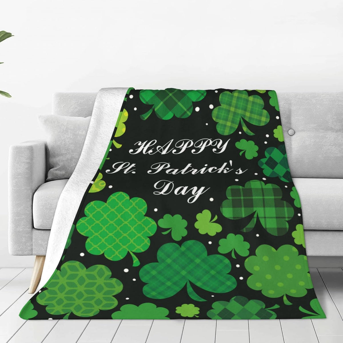 Decorative Blanket for St. Patrick'S Day Featuring a Green Clover Buffalo Plaid Design, Perfect for Spring. This Soft Flannel Blanket Measures 40X50 Inches And Is Ideal for Travel And Irish Festival Decorations, in Black