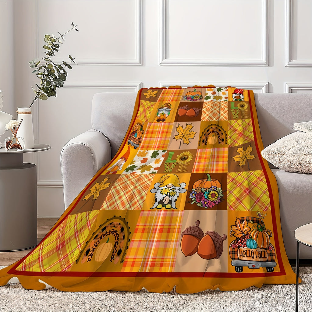 1pc Autumn-Themed Pumpkin and Gnome Print Flannel Blanket, Soft, Comfortable, and Warm, Orange-Yellow Plaid Design, Durable Plush Surface, All-Season Bed Blanket, Warm Throw Blanket, Multiple Sizes Available, Suitable for Living Room Sofas