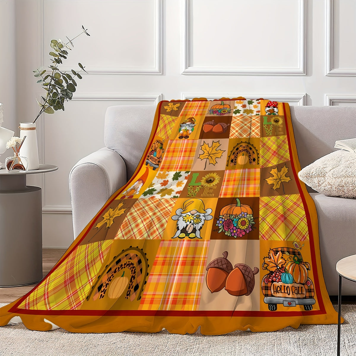 1pc Autumn-Themed Pumpkin and Gnome Print Flannel Blanket, Soft, Comfortable, and Warm, Orange-Yellow Plaid Design, Durable Plush Surface, All-Season Bed Blanket, Warm Throw Blanket, Multiple Sizes Available, Suitable for Living Room Sofas