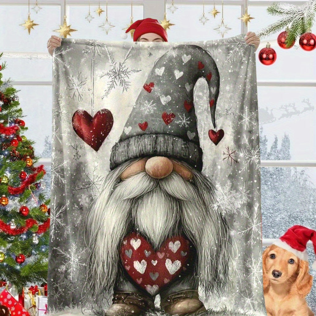 1pc Charming Christmas Gnome Flannel Blanket - Fantasy Theme with Playful Gnomes, Hearts, and Snowflake Patterns, All-season Machine-washable Polyester Fiber, Multi-purpose for Home Decor, Camping, Travel, Office - Mixed Colors, Travel Blanket |